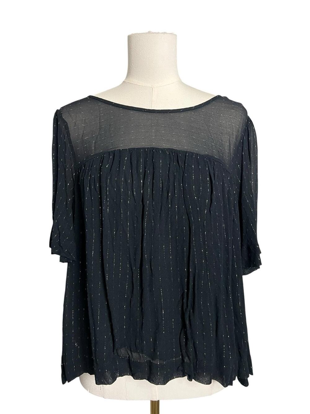 Gap  Blouse Womens XL Black Stripe Sheer Metallic Flutter Sleeve Top Boho